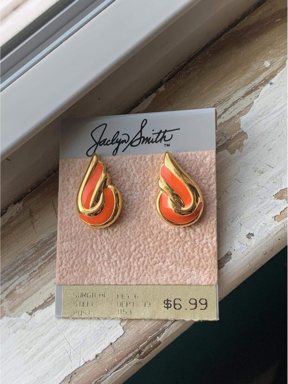 Vintage Jaclyn Smith Neon Orange Gold Tone Earrings NOS Card 80s 90s Post Backs